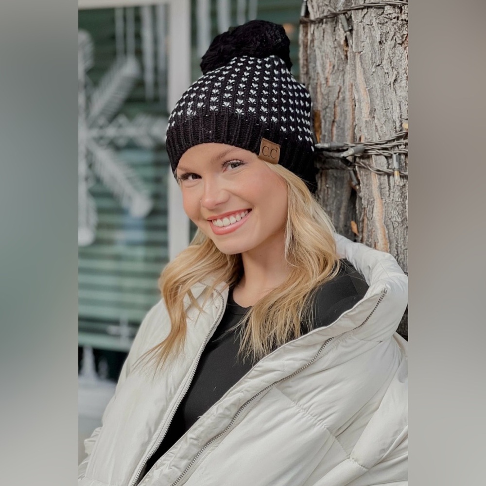 New C.C Heart Pattern Knit Pom Beanie in Black and White - Womens
